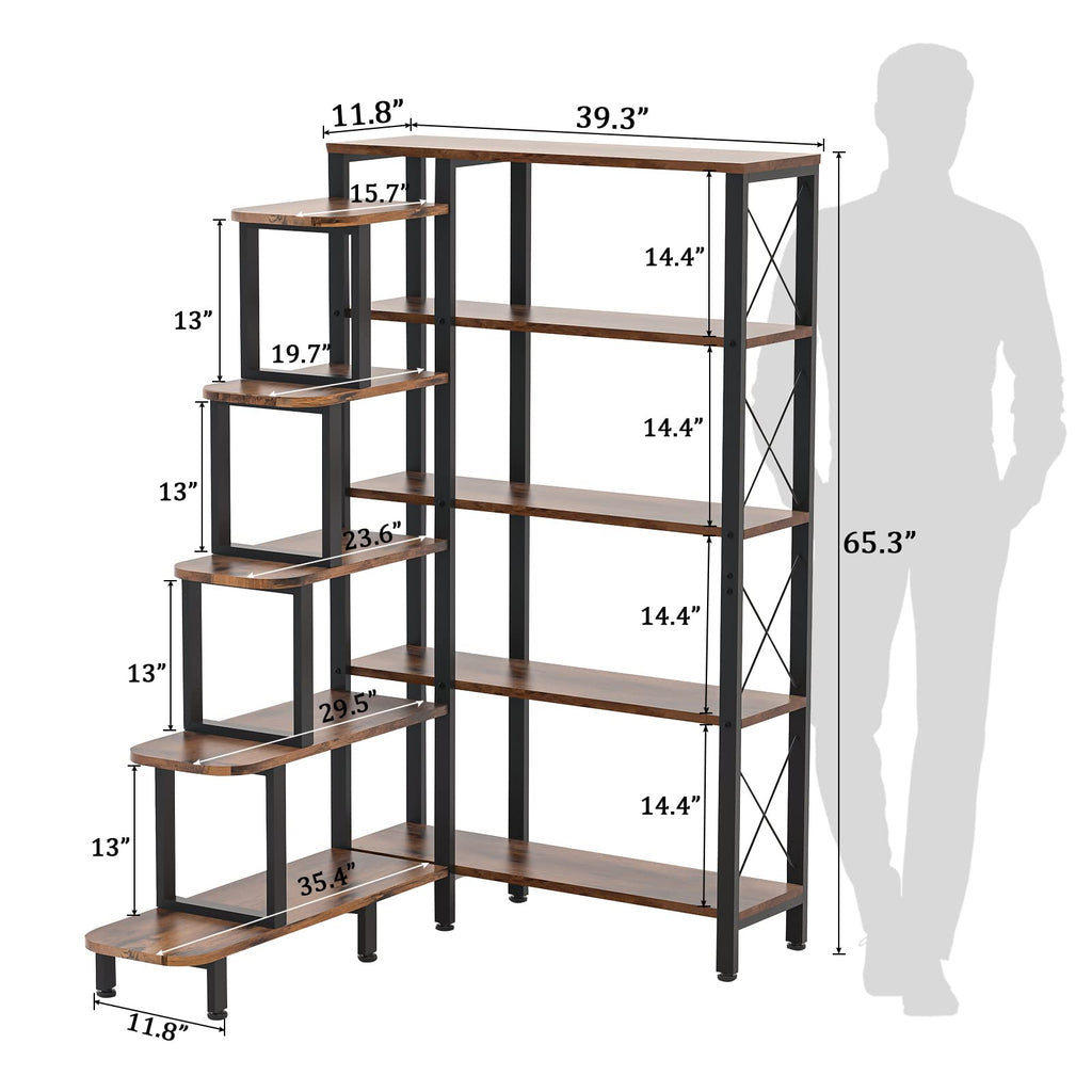 Large Corner Bookshelf Bookcase, Industrial Reversible 5 Tier Ladder Shelves Storage Display Rack with Metal Frame