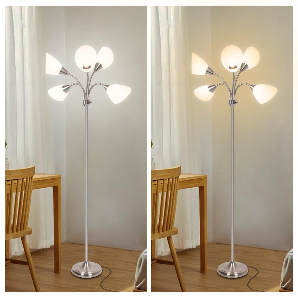 Floor Lamp, 5 Adjustable Neck Heads with Lampshades, Multi-Light Standing Reading Lamp