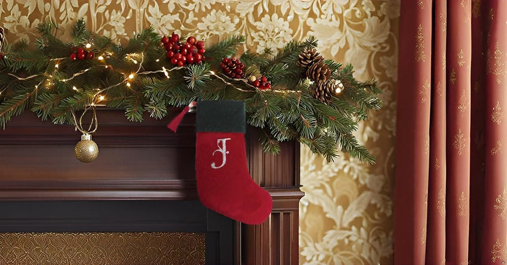 Red and Green Velvet Rhinestone Monogram Christmas Stocking - J