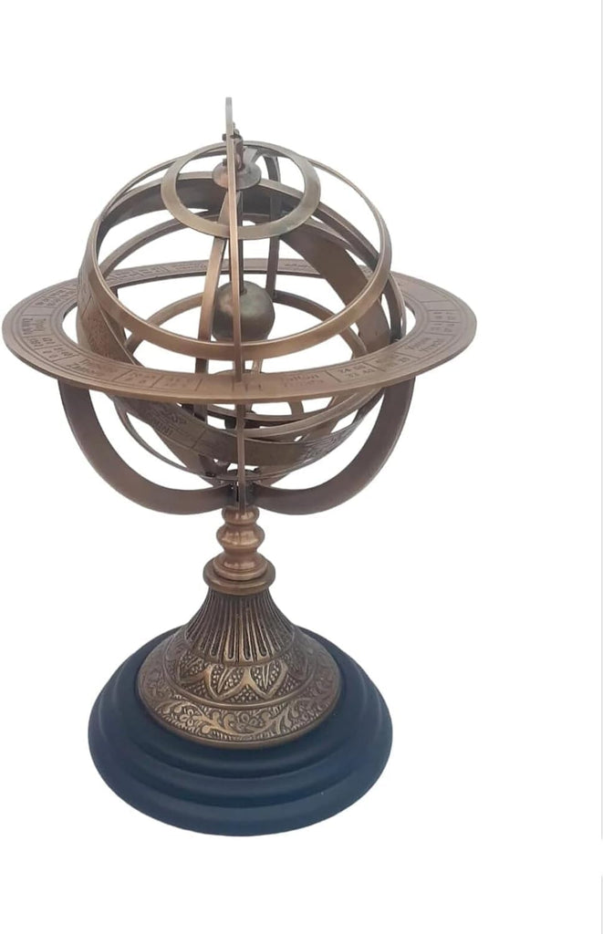 Vintage Brass Armillary Engraved Sphere Wooden Base Armillary, Unique Table Decor 11.25" Height, 5" Armillary Gift