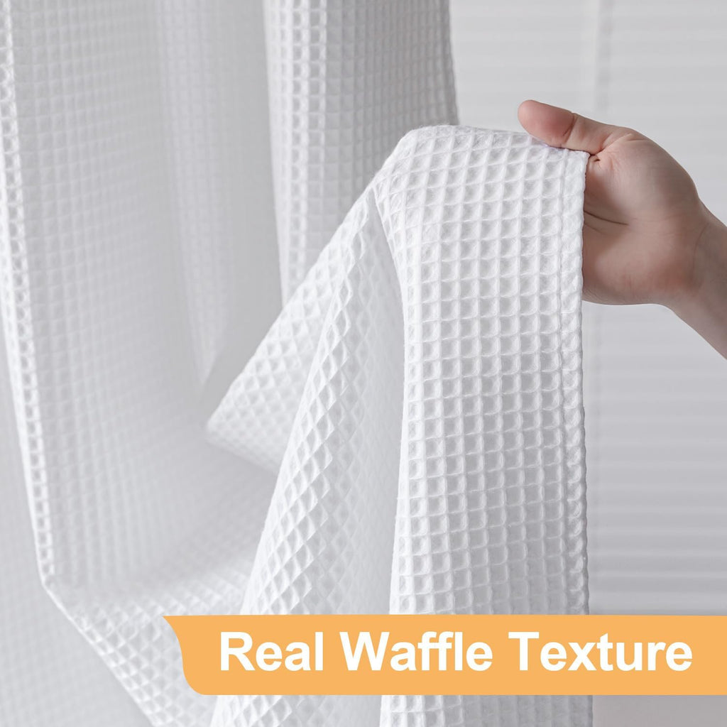 Cotton Blend No Hook Shower Curtain with Liner, White, 71Wx74L | with Snap in Liner, Heavyweight Waffle Fabric, Hotel