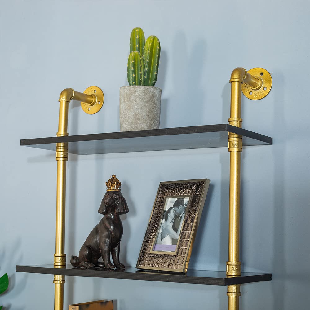 6-Tier Black Faux Marble and Gold Shelves Bookshelf Decor Industrial Pipe Shelving Metal (23.6x9.8x66.9")