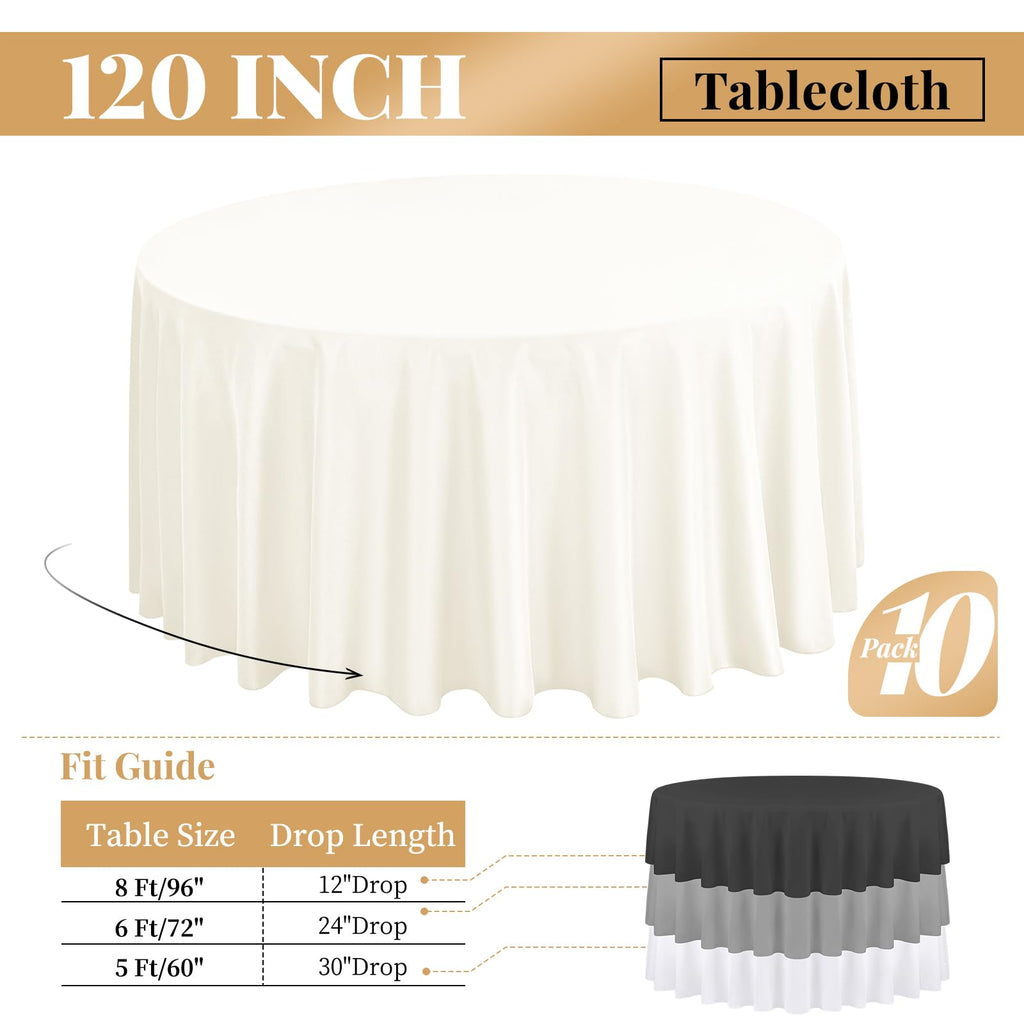10 Packs Ivory Round Tablecloth - 120 Inch, Polyester