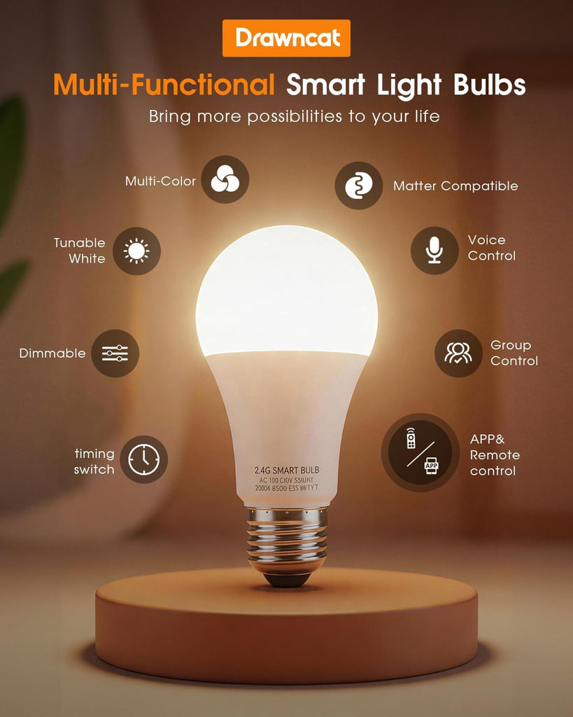 A19 Smart LED Light Bulb with App Control & Remote, Bluetooth, 3 Color Temperatures (3000K/4500K/6500K), 5%-100%