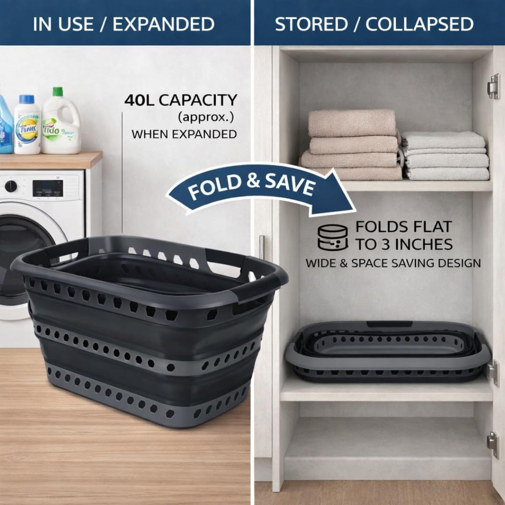 360 Collapsible Laundry Basket 40L | Portable | Space Saver Storage | Hold 2 Loads | Store Under the Bed or Closet |