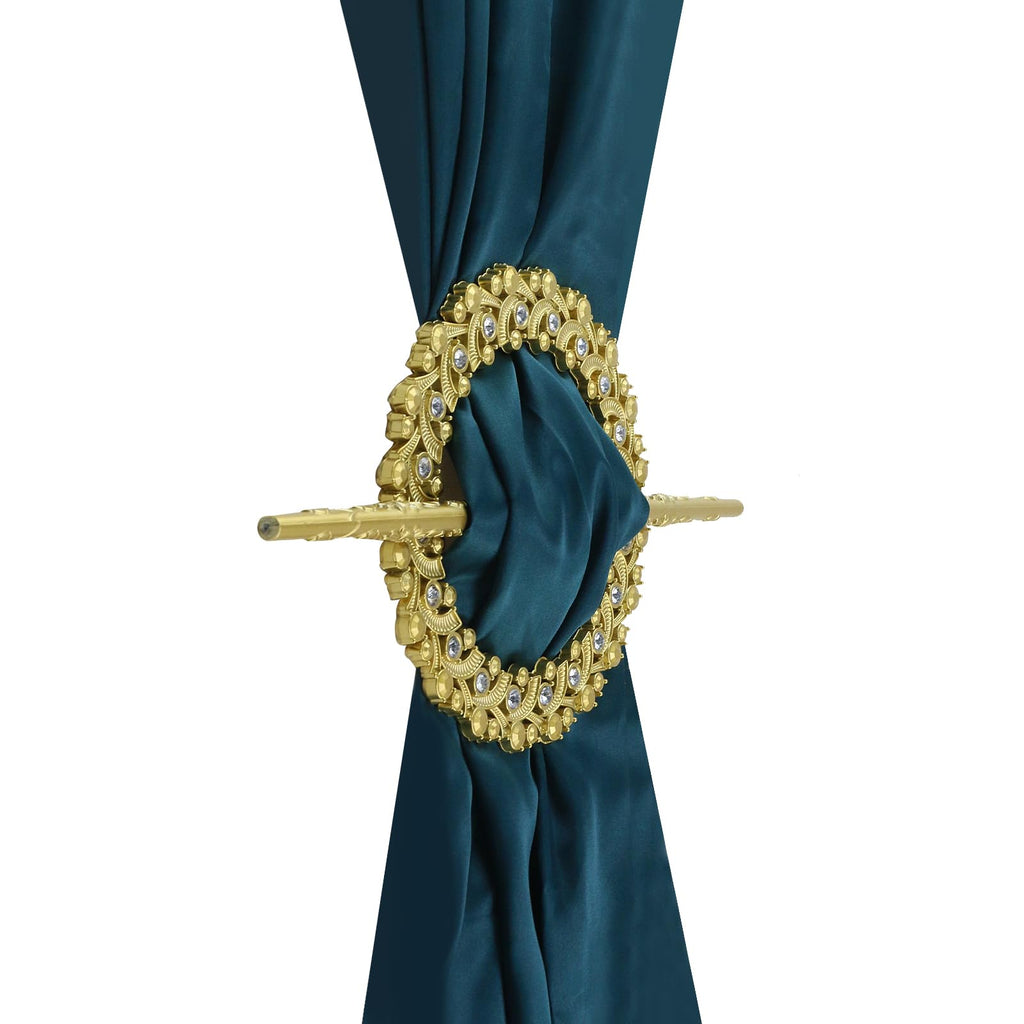 Gold Curtain Tiebacks, Round Drapery Holdbacks, 20 Crystals - 2 Pack