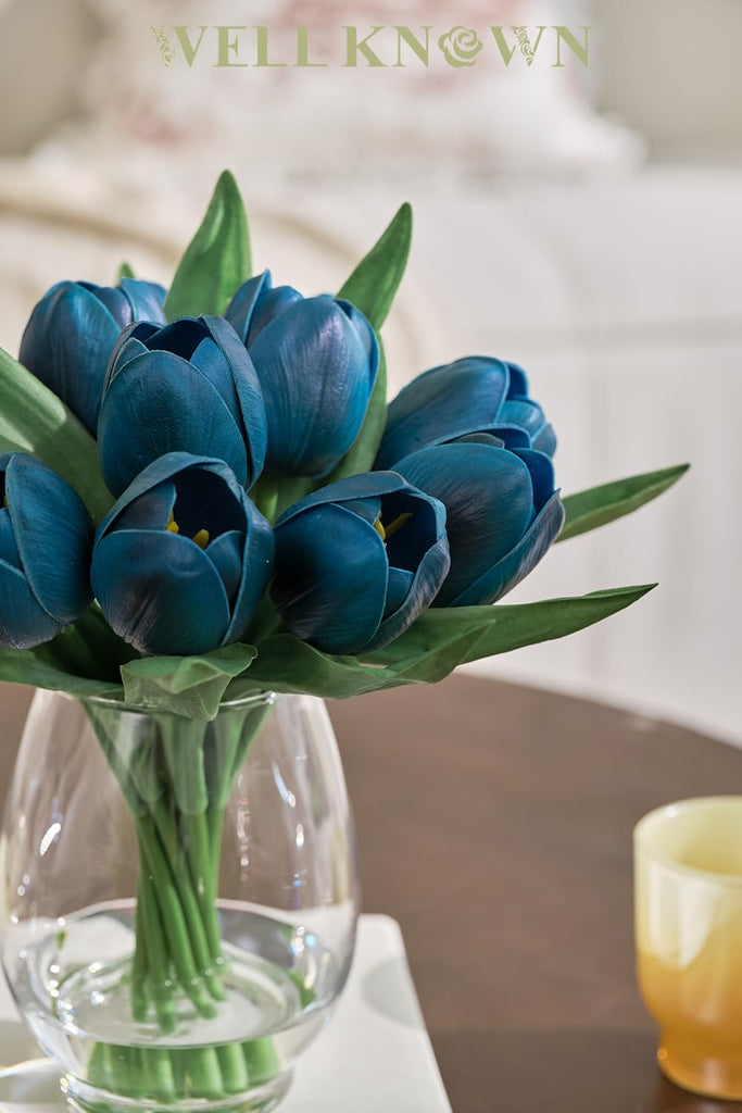 12 Pcs Fake Tulips Artificial Flowers in Vase with Faux Water, Foam Tulip Flower Arrangement with Vase Decor, Dining