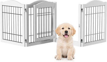 Freestanding Dog Gate, 24" H Pet Gate with 4 Panel Walk Through Door, Foldable Dog Safety Fence for Stairs Doorways