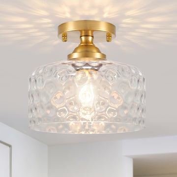 Small Semi Flush Mount Ceiling Light Fixture, Vintage Gold Close to Ceiling Lighting with Hammered Glass Shade (Retro