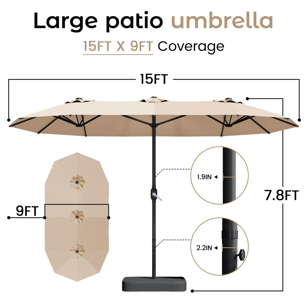15ft Patio Umbrella with Base, Large Double-Sided Rectangular Umbrella, Beige