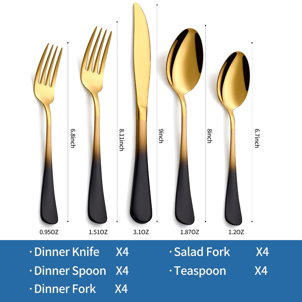 Black Gold Silverware Set, 18/0 Stainless Steel Colorful Handle Flatware Set,Service for 4,Modern Cutlery