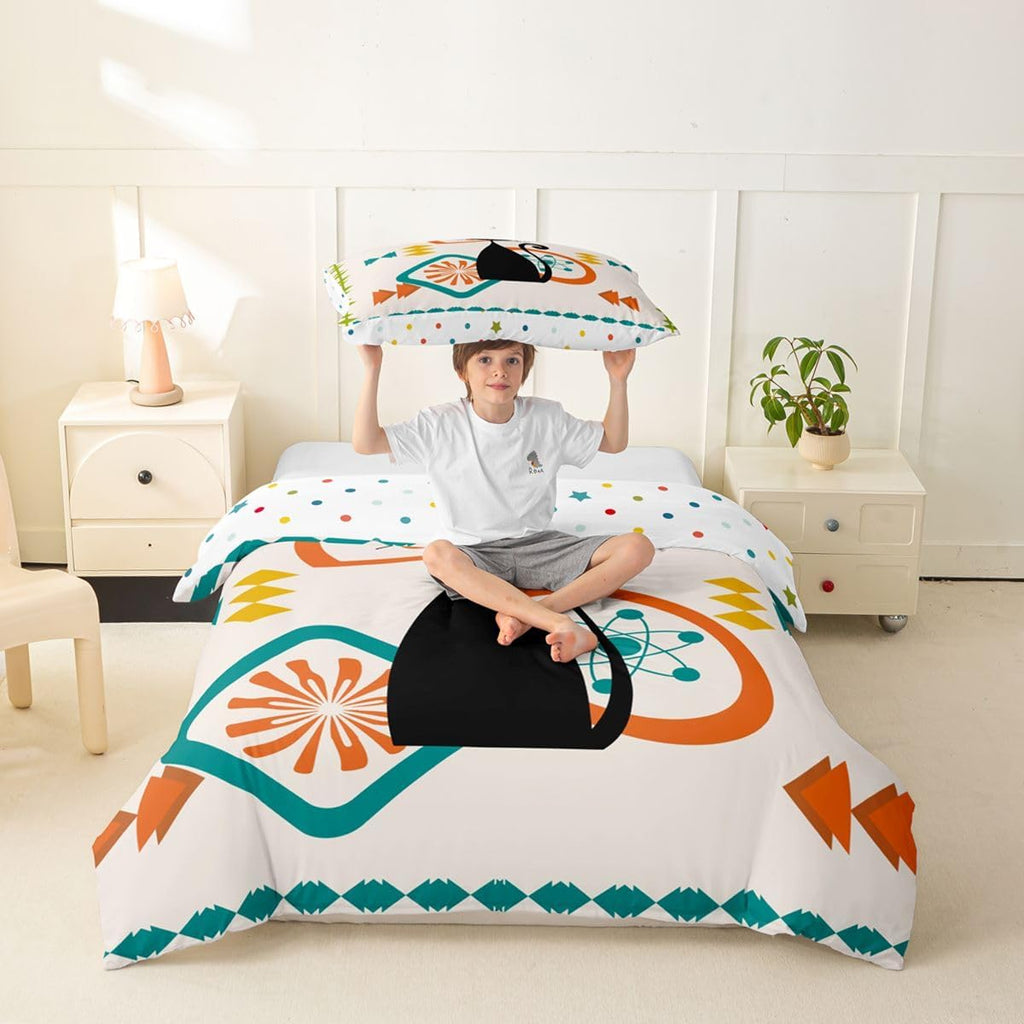 Mid Century Retro Cat Bedding Duvet Cover Set Twin Size for Kids Bedroom