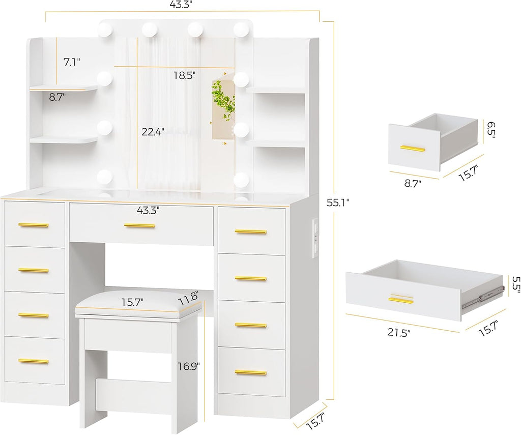Large Vanity Desk with Mirror and Lights,Glass Top,9 Drawers | White Makeup Vanity Table with 4 Storage