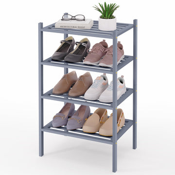 Bamboo Shoe Rack, 5 Horizontal Slats, 4 Tier - 17.3" Wide, Grey