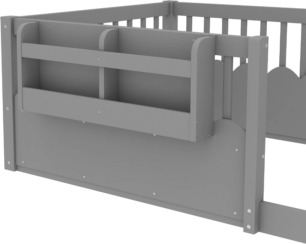 Floor Bed with Bookshelf and Safety Guardrail, Montessori Floor Bed with Fence, Easy Assemble