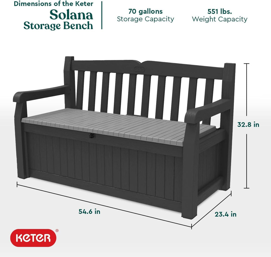 Solana 70 Gal Outdoor Storage Bench and Pool Accessories | Grey, Resin, Seating, Weatherproof, Lockable, Durable