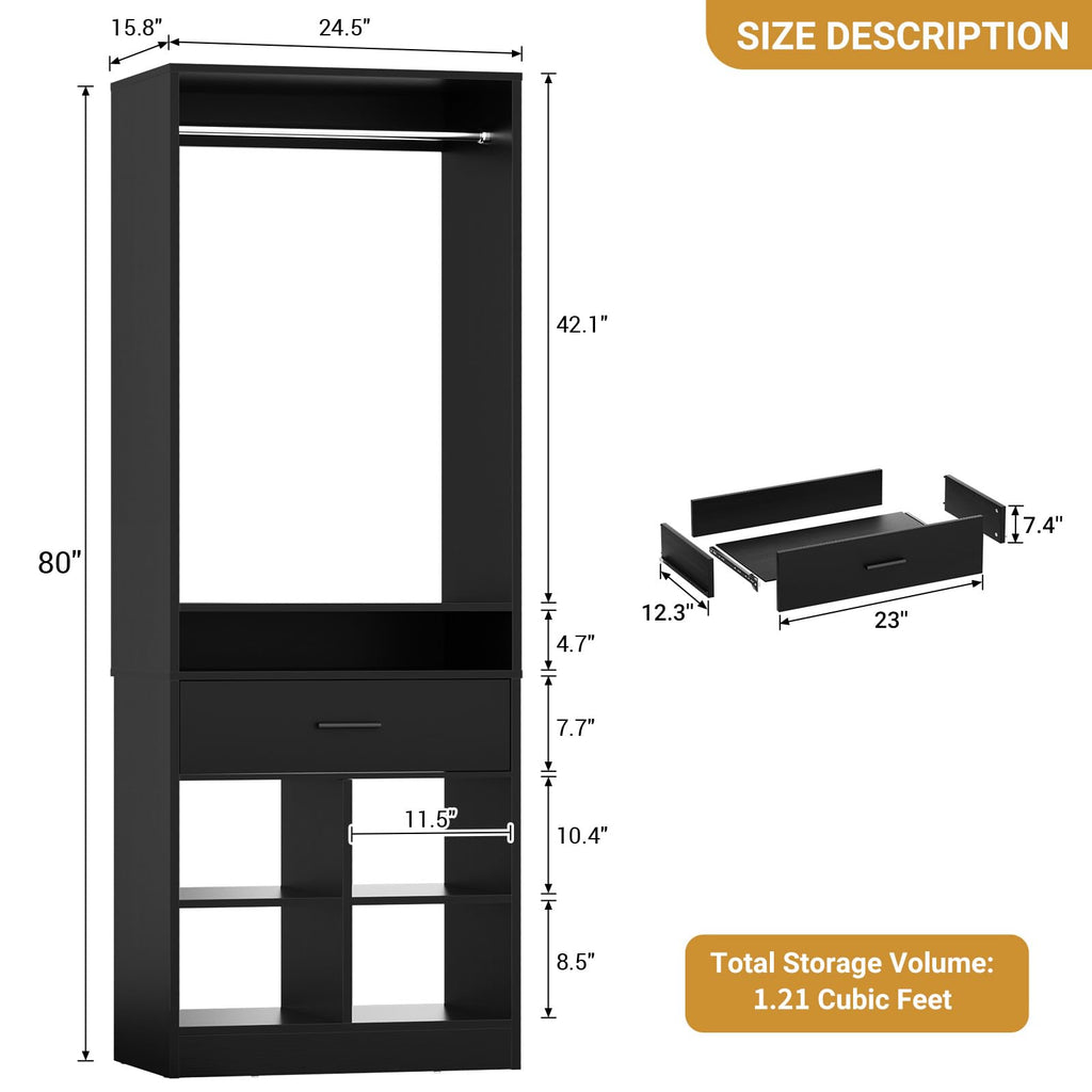 Freestanding Closet System with Wood Drawer and 4 Cubby Storage, Closet Organizer with Hanging Rods & Shelves, 25" W