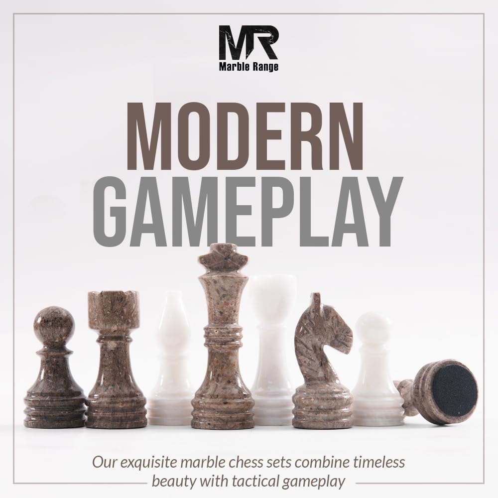 Marble Chess Set 15 Inch Oceanic and White Handmade Board Game with Storage Box, Classic Travel Chess Set for Adults
