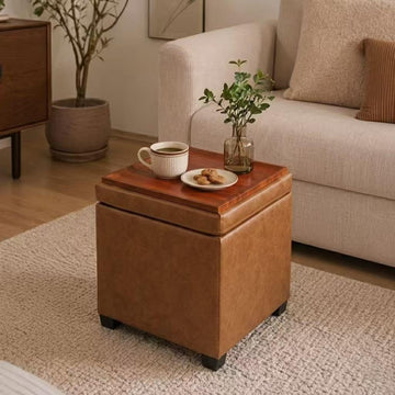 15 inch Square Storage Ottoman with Tray Lid,Modern Tufted Faux Leather Cube Coffee Table with Storage,Upholstered
