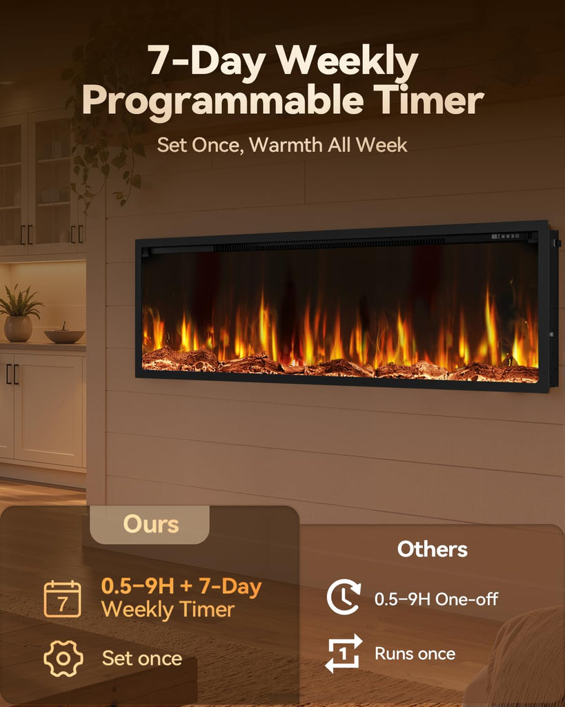 Electric Fireplace 60 Inch Recessed Wall Mounted Ultra-Thin Linear