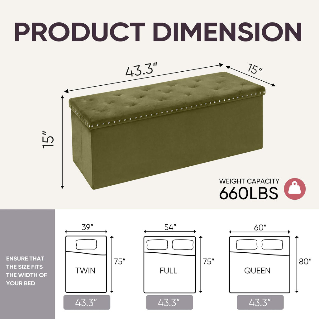 43.7 Inches Velvet Storage Ottoman Bench, Olive