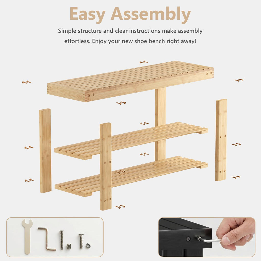Shoe Rack Bench, 3-Tier Bamboo Shoe Organizer, Wooden Entryway Storage Bench, 286 lb Load Capacity, 11.2x35.5x17.9