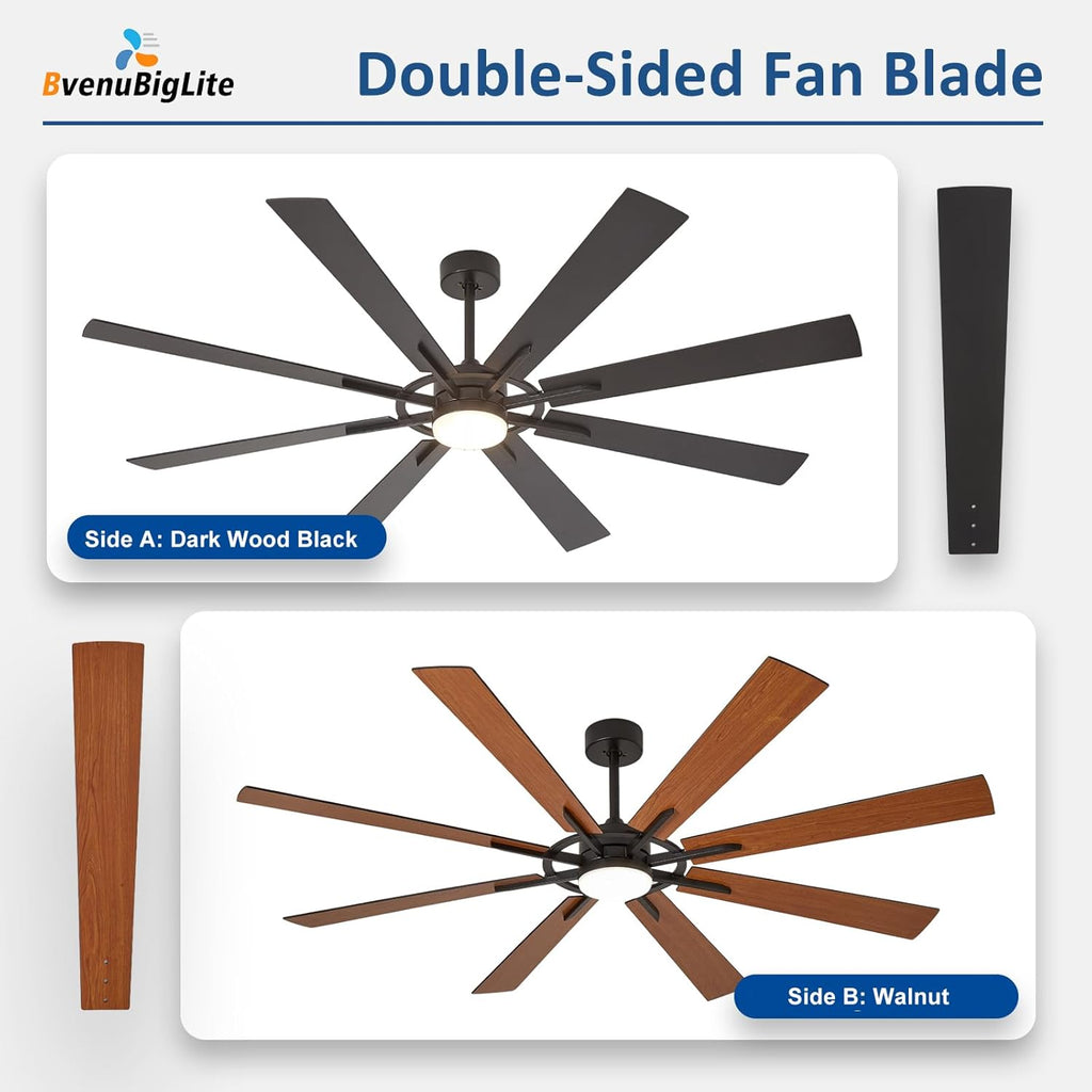 Large Ceiling Fans with Lights: Modern 72 Inch 8 Blade Outdoor Ceiling Fan with Remote APP Control - Dimmable Black