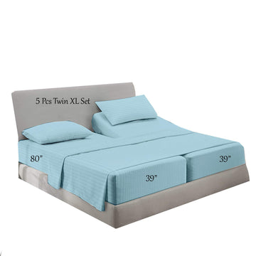 Split King Sheets Set, 5Pcs Deep Pocket Cotton, Sateen Weave, Light Grey Stripe
