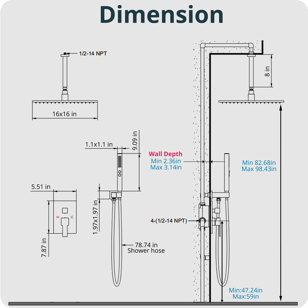 16 Inch Rainfall Shower System Ceiling Shower Head with Handheld