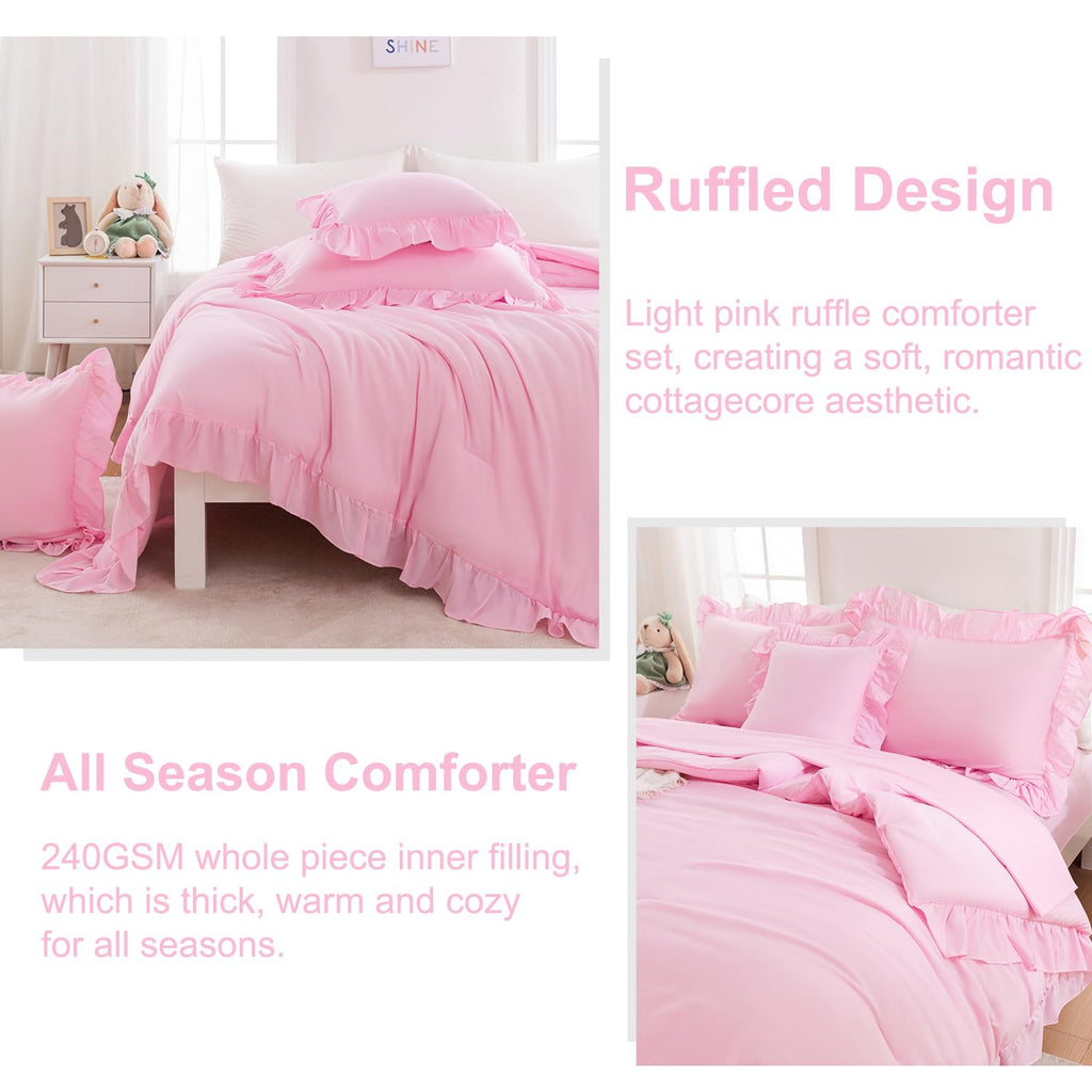 Pink Ruffle Bed in A Bag King Size 6 Pieces Farmhouse Comforter Set with Sheets Solid Boho Chic Bedding Set for Girls