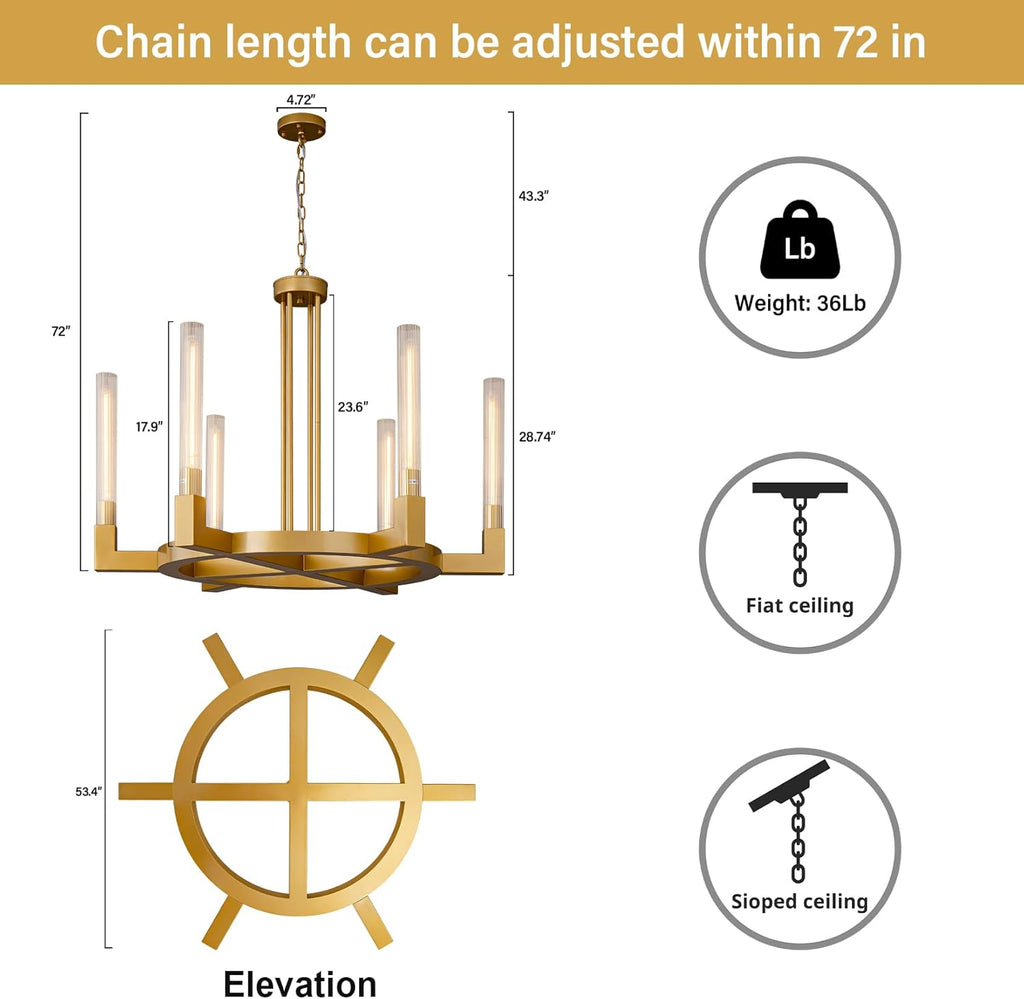 Farmhouse Chandelier with Glass Tube, Gold 6-Lights Wagon Wheel Chandeliers,Gold sconces Wall Lighting, 19" Knurling Brass Wall Sconces Set of Two A114-B0D7VK6WV8
