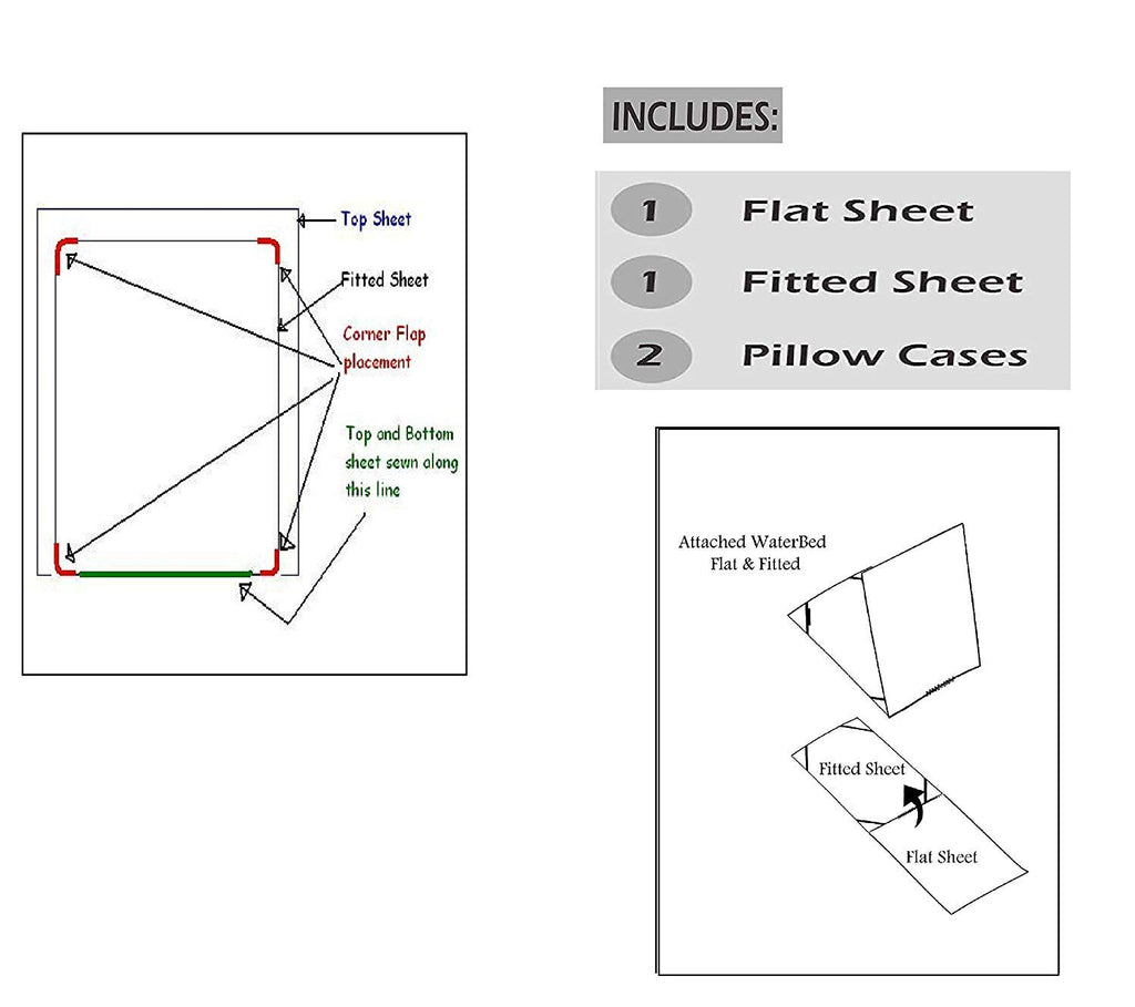 Attached Waterbed Sheet Set King/Cal King Size 800 Thread Count 100% Cotton 4 Piece 15 Inches Deep Pocket Attached