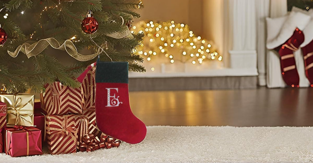 Red and Green Velvet Rhinestone Monogram Christmas Stocking - E