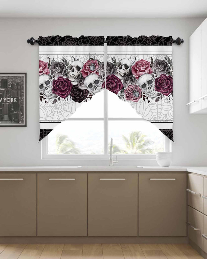 Halloween Swag Valances for Windows - Skull Valance, Black Kitchen Curtain Sets, Rod Pocket Window Curtains Over