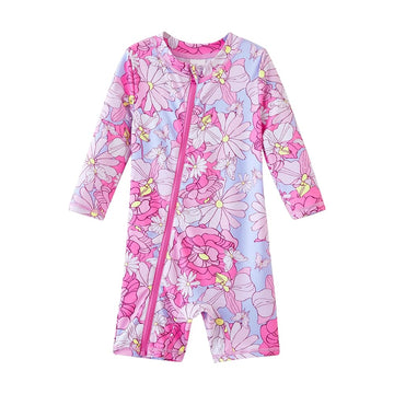 Toddler Girls Swimsuit One Piece Full Zip with Long Sleeve UPF 50+ Sun Protection Swimwear Rash Guard Shirts Pink