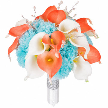 Real Touch Calla Lily Coral and White and Carnation Turquoise Flowers Wedding Bridal Bouquet