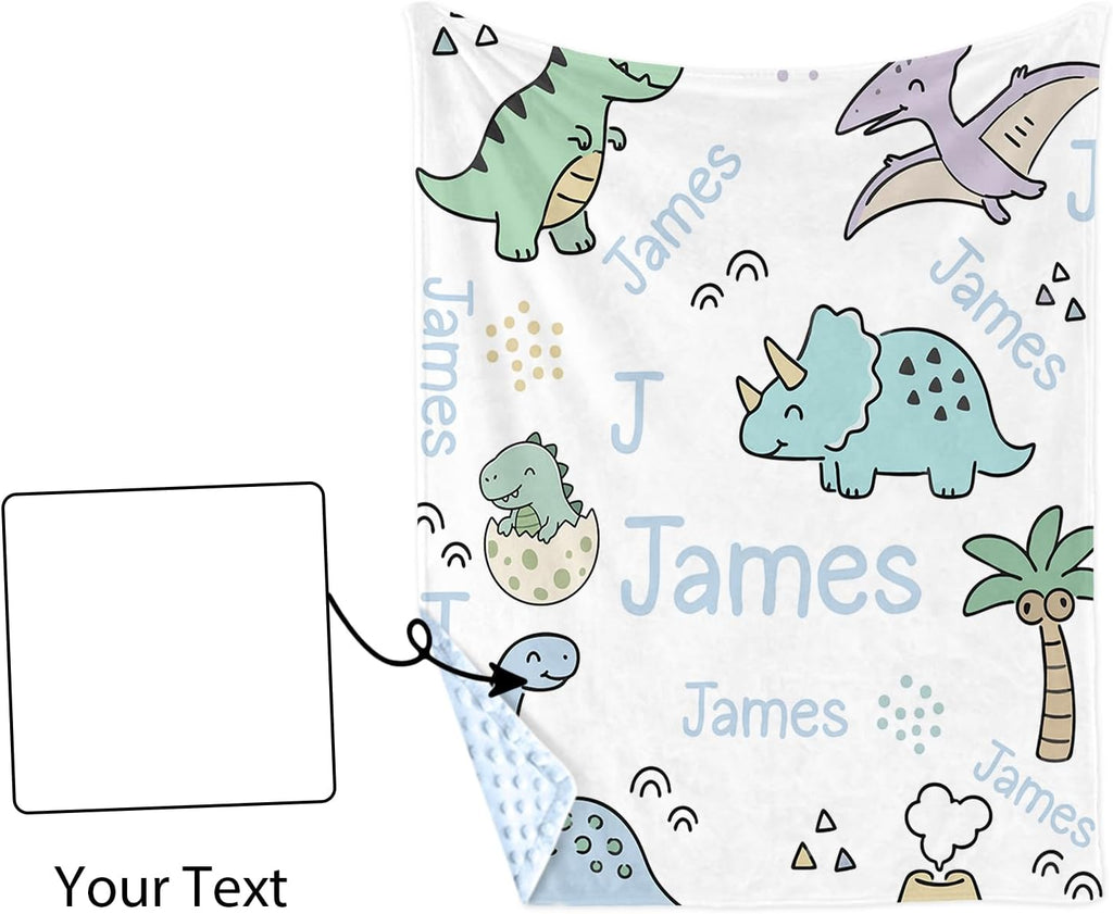 Blanket for Boys, Custom Name Minky Dot Blanket for Newborn Infant Toddler, Soft Fleece Nursery Blanket with Dinosaur