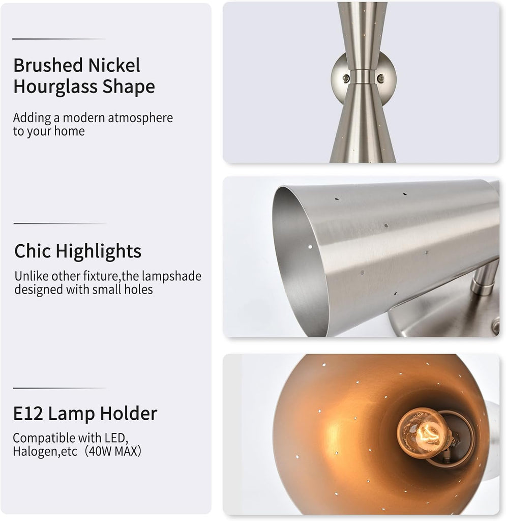 Brushed Nickel Wall Sconce, Modern Sconce Wall Lighting Mid-Century Hardwired Wall Light Bedside E12 Industrial Metal