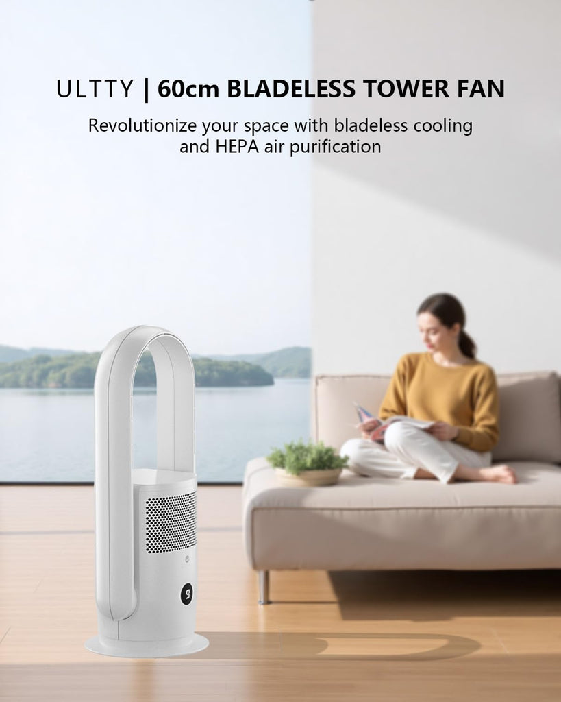 Bladeless Tower Fan and Air Purifier Combo, Quiet Oscillating Fan with Remote & Touch Control, 9 Speeds, 8H Timer