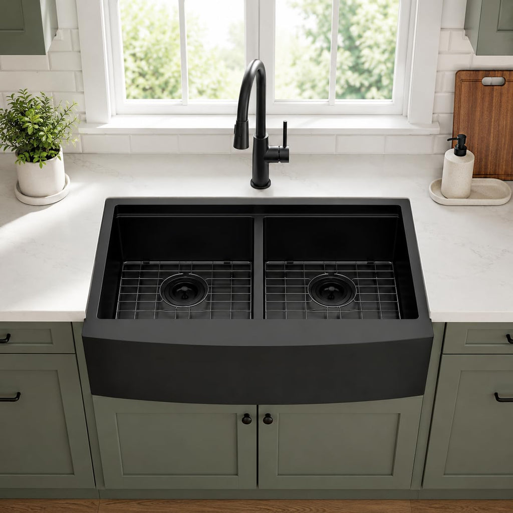Black Farmhouse, 33x20 Inch 50/50 Double Bowl Sinks