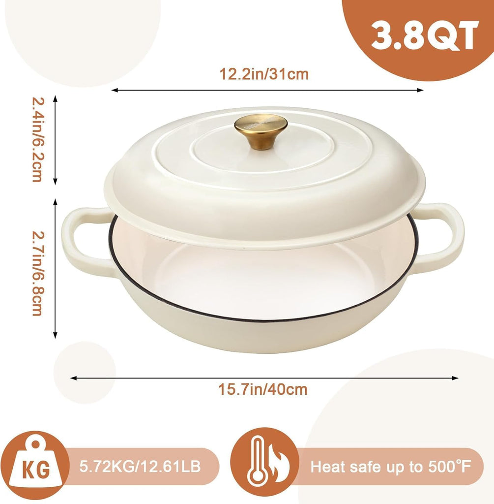 Enameled Cast Iron Dutch Oven - 3.8 QT Shallow Braiser with Recipe | Enameled Casserole with Lid Potholders, Oven