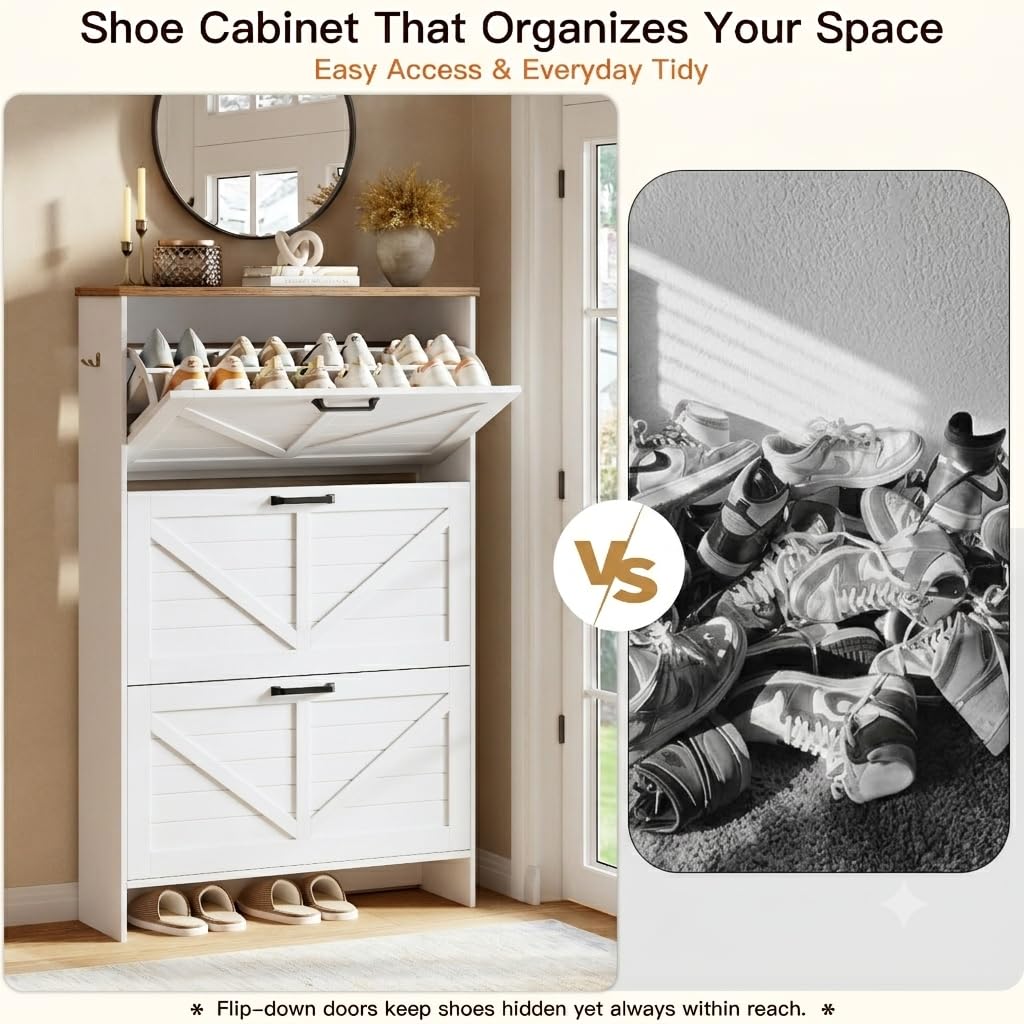 Shoe Storage Cabinet, Freestanding Fluted Accent Ultra Slim Shoe Cabinet with 3 Flip Drawers, Farmhouse Shoe Rack