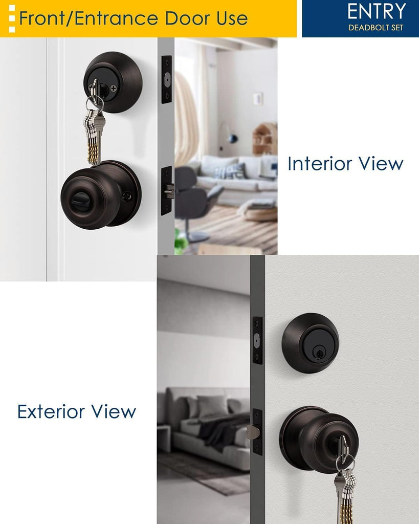 1 Pack Keyed Alike Door Knob with Double Cylinder Deadbolt Lock Set, Oil Rubbed Bronze Door Lock Sets Exterior, Round