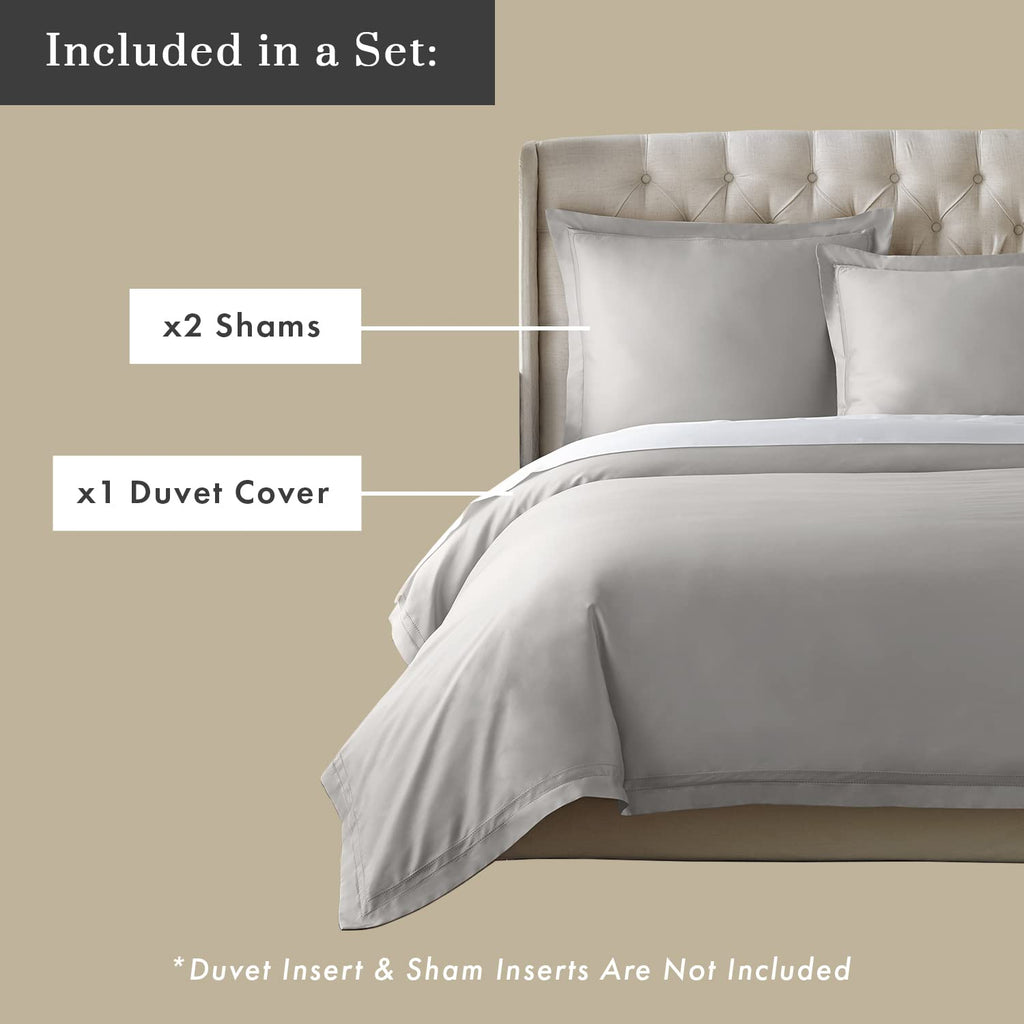 Yalda Duvet Cover Set - 100% Certified Egyptian Cotton, Double-Hem Stitch, Queen, Grey