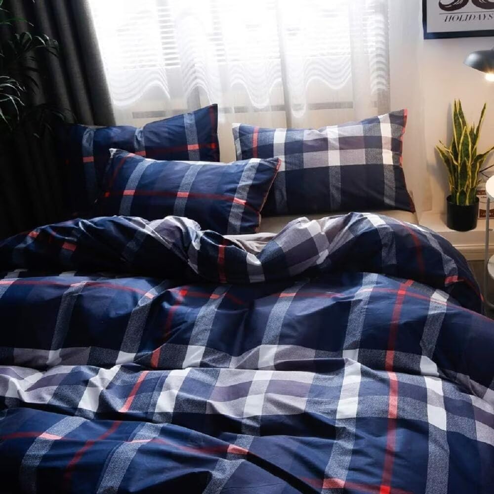 Navy Plaid Comforter Set Men Women Blue Tartan Bedding Set Geometric Buffalo Checkered Blanket Quilts