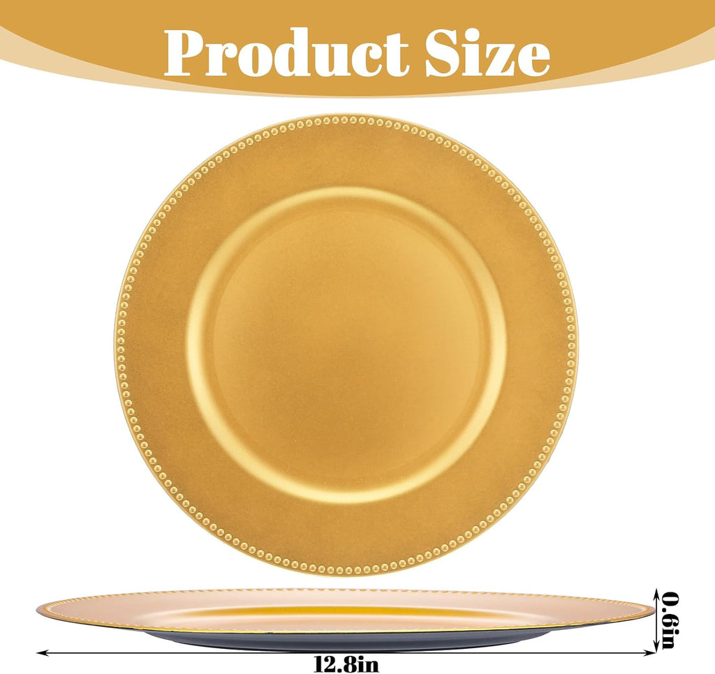 Gold Plastic Charger Plates, 13 Inch Round Beaded Decorative Dinner Chargers for Wedding, Party, Table - Set of 12