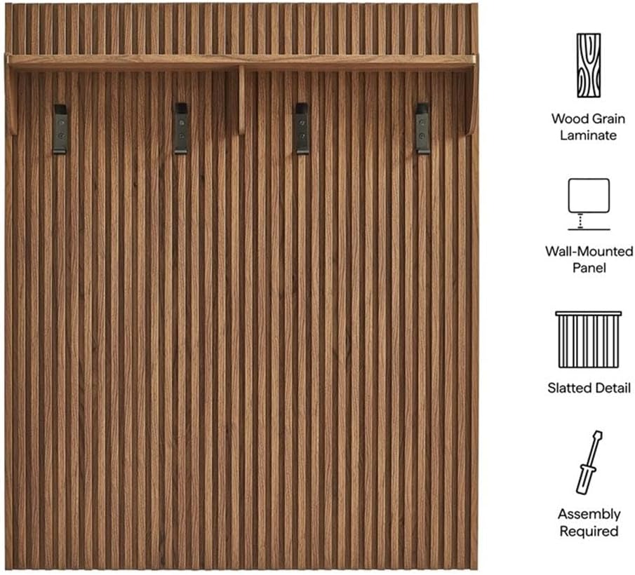 Contemporary Wall-Mounted Fluted Coat Rack Panel, Walnut Finish, 4 Hooks with Shelf, Durable Wood Grain Laminate