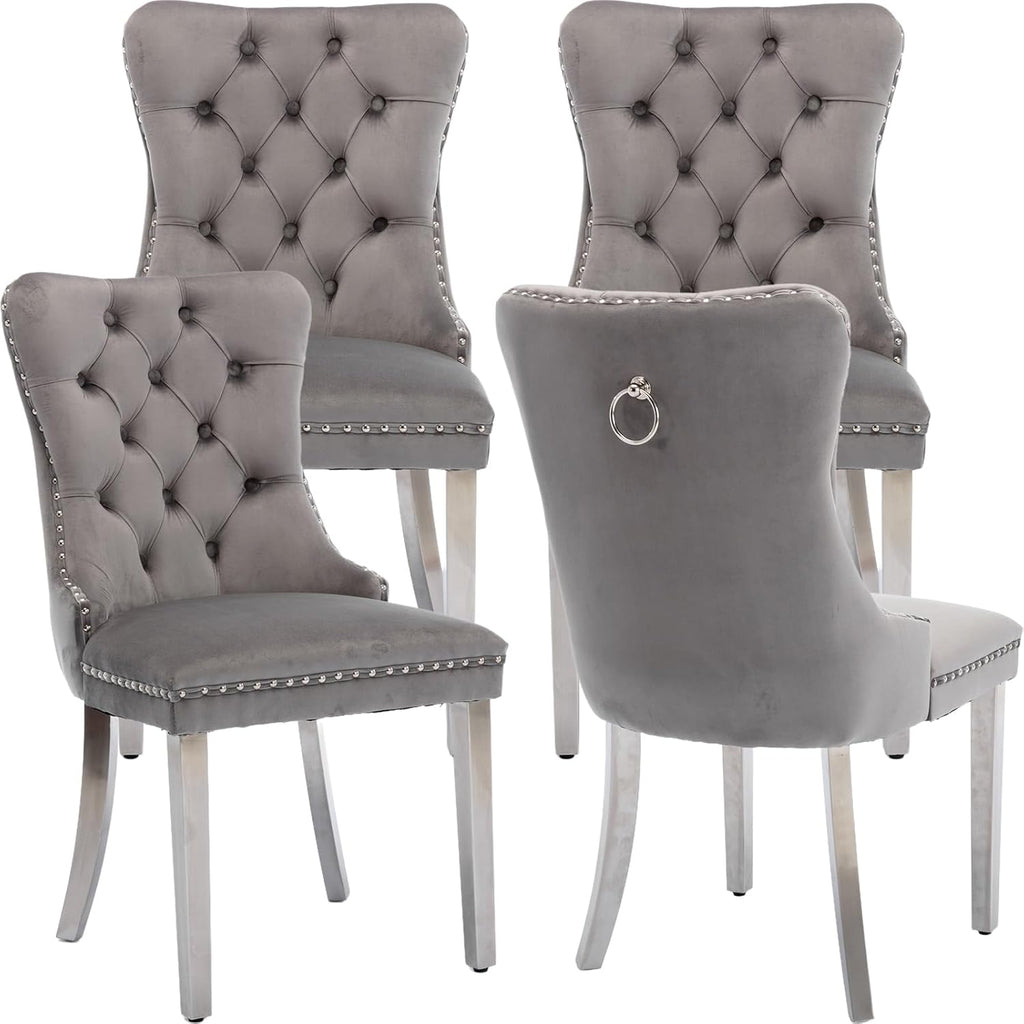 Gray Velvet Dining Chairs Set of 4, Tufted Kitchen & Dining Room Chairs | Four Fabric Dinning Chairs, Velvet