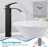 Vessel Sink Faucet, Tall Waterfall Bathroom Faucet, Single Handle One Hole Mixer Bowl Tap with Large Rectangular Spout