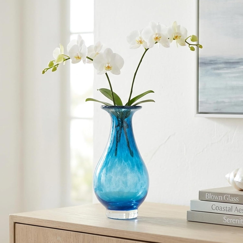 Glass Vase, Hand Blown Wide Mouth Art Glass Vase, Murano Style Decorative Flower Vase Decor, Mantel, Dining Table